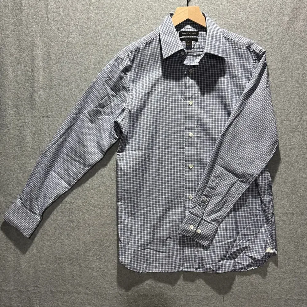 Banana Republic Mens S Slim Fit Blue Plaid Dress Shirt 100% Cotton Long Sleeve